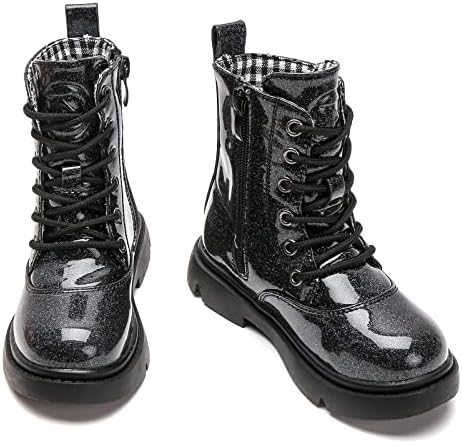kkdom Boys Girls Waterproof Lace Up Side Zipper Mid Calf Combat Boots(Toddler/Little Kid/Big Kid) Glitter Black US Size 4 M Big Kid