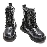 DADAWEN Boys Girls Waterproof Lace Up Glitter Mid Calf Combat Boots With Side Zipper for Toddler/Little Kid/Big Kid Black Glitter US Size 4 M Big Kid