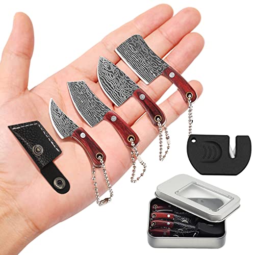 Four Damascus-patterned miniature chef knives on a keychain — a tiny, absurdly detailed set that's equal parts functional novelty and conversation piece.