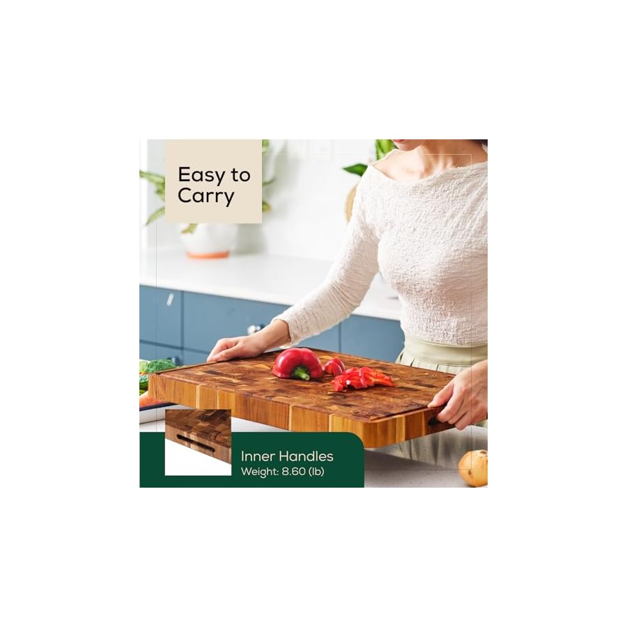 17x13-Inch-Teak-Cutting-Board-End-Grain-Cutting-Board-with-Juice-Groove-and-Handles-Wooden-Cutting-Boards-for-Kitchen-Wooden-Chopping-Board-for-Meat-Vegetables-Fruit EZ FURNITURE 17x13 Inch Teak Cutting Board, End Grain Cutting Board with Juice Groove and Handles, Wooden Cutting Boards for Kitchen, Wooden Chopping Board for Meat, Vegetables, Fruit