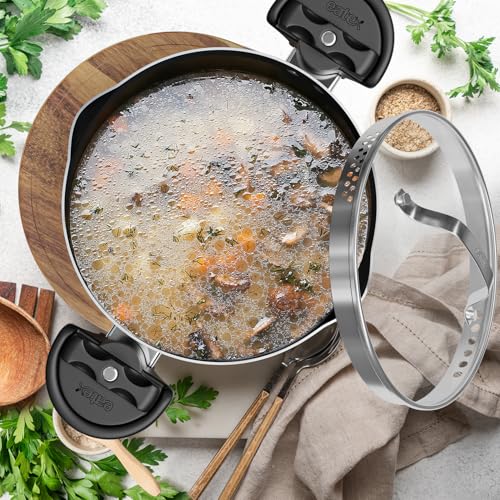 EATEX Pasta Pot with Strainer Lid - 5 Quart Multipurpose Stock Pot, Simmer Spaghetti Pot with Pasta Strainer Lid - Twist & Lock Handles, Nonstick Ceramic Stainless Steel Pot, Tempered Glass Lid Black