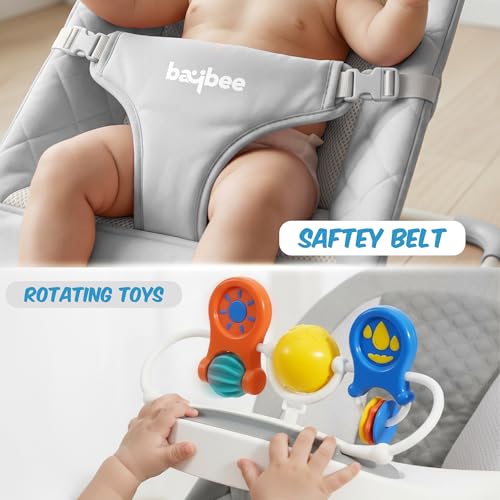 Image of Baybee Nestra Rocker for Baby 0-2 Years| Bouncer with Music & Light Kick Piano | 3 Recline Positions | Removable Toy Tray | Wheels with Safety Lock | Breathable Seat | Foldable Design (Grey)