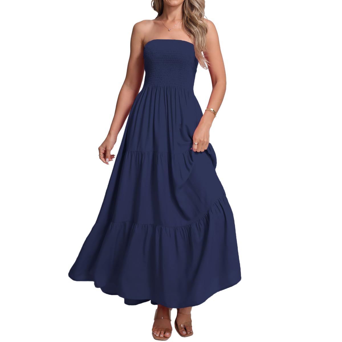 Women's Casual Off Shoulder Maxi Dress Strapless Tube Top Bohemian Beach Long Dresses 092