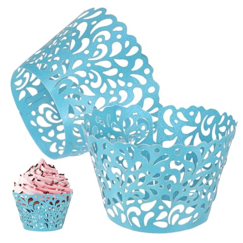 M METERXITY 50 Envolturas Para Cupcakes, Papel De Arte Perlado, Envolturas Para Cupcakes De Encaje Y Gotas De Agua Para Decoración De Bodas/Fiestas De Cumpleaños [Azul Cielo]