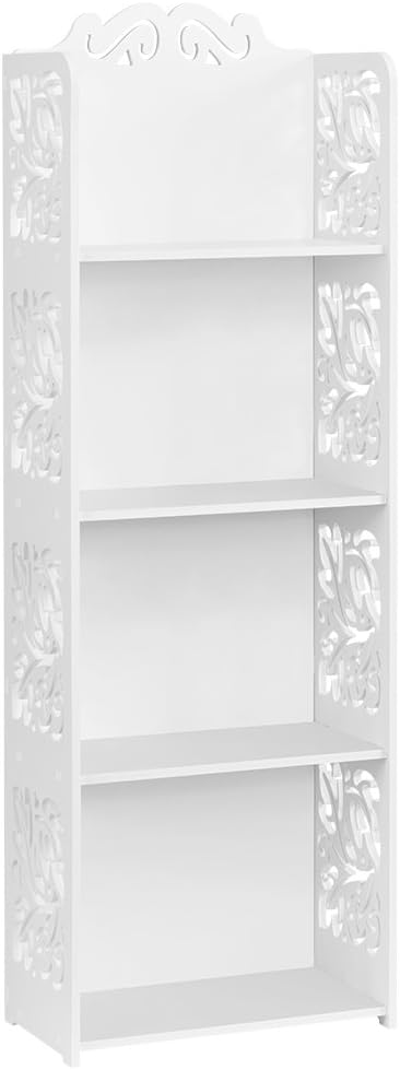Finether 4-Shelf Shelving Unit, Waterproof White Wooden Plastic Composite 4 Tier Shelving Unit Storage Shelf Bookcase Display Shelf with Open Top Shelf for Bedroom Living Room Kitchen Office