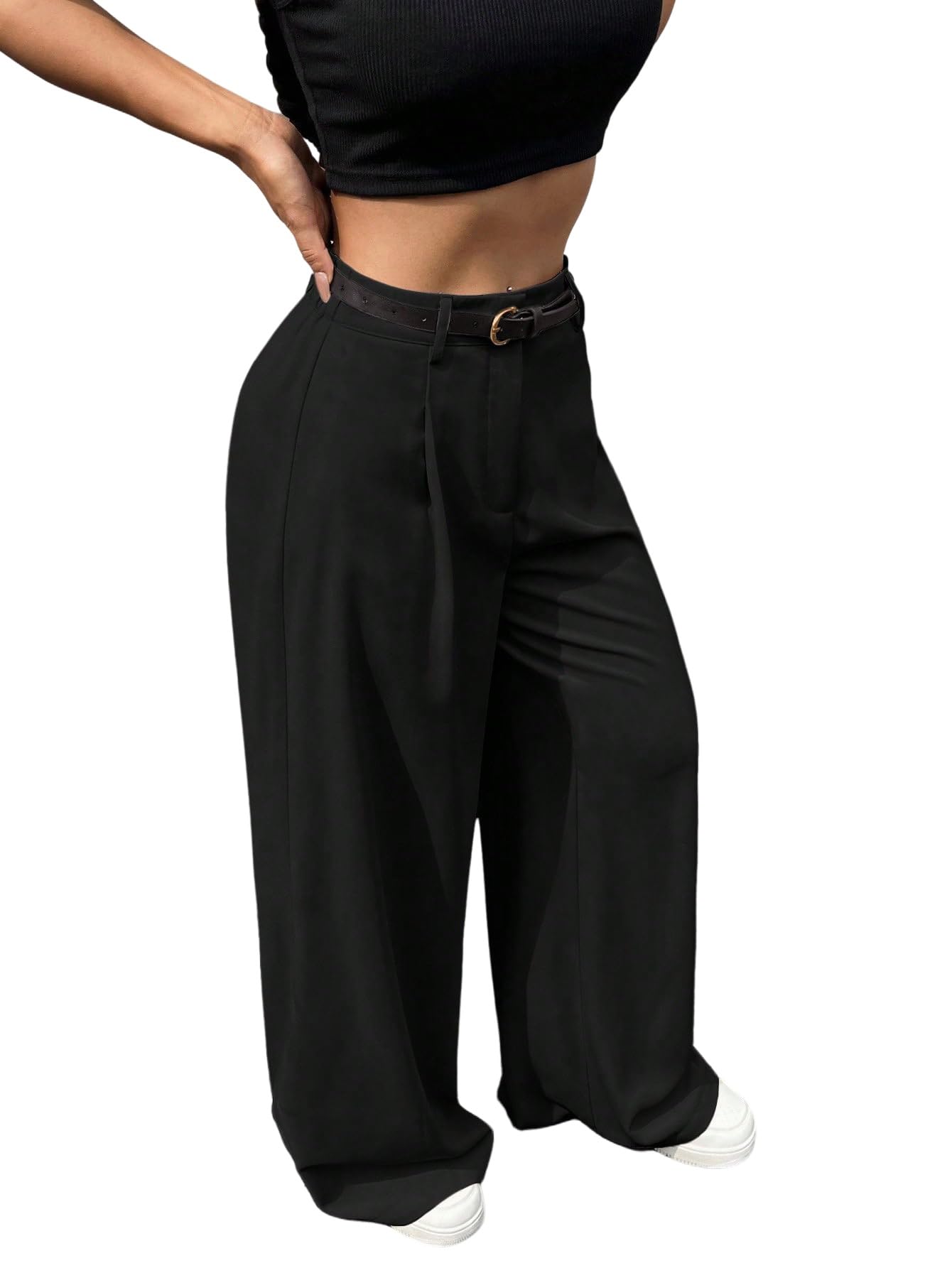 SweatyRocks Anzughose Damen Elegant Stoffhose Mit Gürtel Bundfaltenhose High Waist Freizeithose Wide Leg Hose Business Outfit Old Money Style