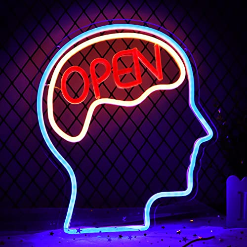 Image of Open Mind Brain Neon Signs for Wall Decor Neon Lights for Bedroom Suitable for Man Cave Bar Pub Office School Christmas Birthday Party 5V Power Adapter, 14.1 * 12.2 Inch(Blue+Warm White+Red)