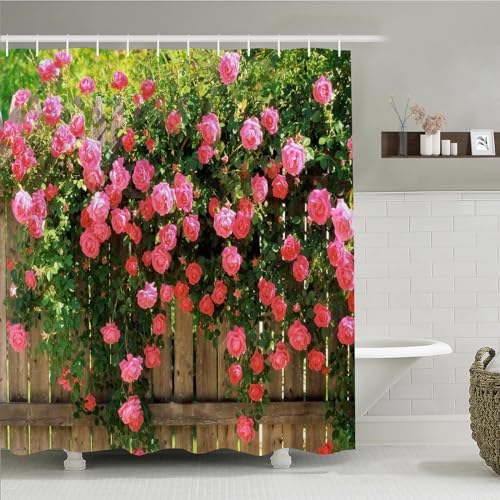 Simpomsy Outdoor Shower Curtain Garden Decor Pink Rose Shower Curtain Green Plant Spring Garden Landscape Bathroom Curtain Waterproof Cloth Fabric Bathroom Decor Set with Hooks 180x180cm