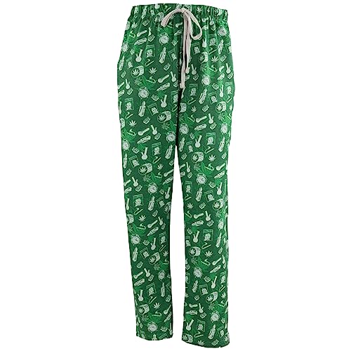 Wide Leg Men's Lounge Pants, Comfy Men's PJ Pants, Lightweight Jersey Fabric Pajama Pants with Fun Graphic Prints, Elastic Waistband, and Side Pockets (Smoke Print, Green, Medium)