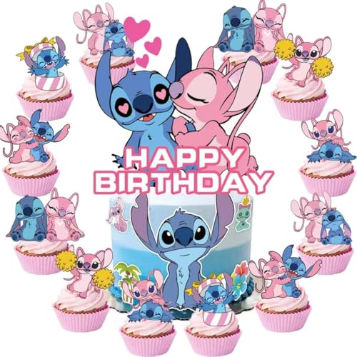 25Pcs For Stitch Movie Cake Decorations with 24pcs Cupcake Toppers 1pcs Happy Birthday Cake Topper Cartoon Themed Party Supplies Perfect for Birthday Party Decorations