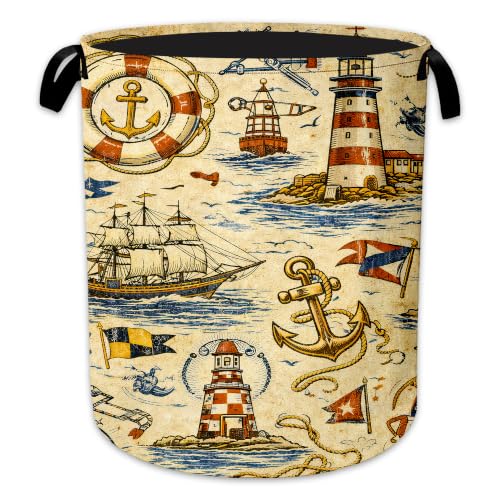 Image of Nautical Lighthouse Laundry Basket, Anchor Ship Collapsible Laundry Hamper Waterproof Oxford Cloth With Handles, Clothes Storage Bucket For Bathroom /Bedroom 16 inch x 20.8 inch
