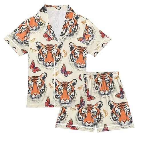 ALAZA Tiger Butterfly Color Pajamas Satin Pajama Set Short Sleeve Button Down Sleepwear