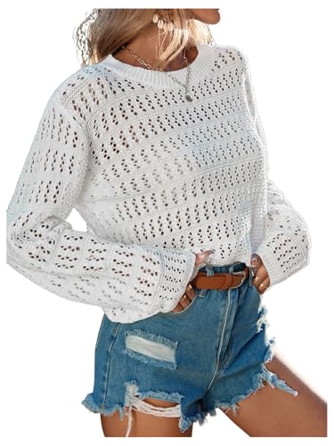 Verdusa Women's Crochet Hollow Out Long Sleeve Round Neck Pullover Knit Sweater Tops White Small