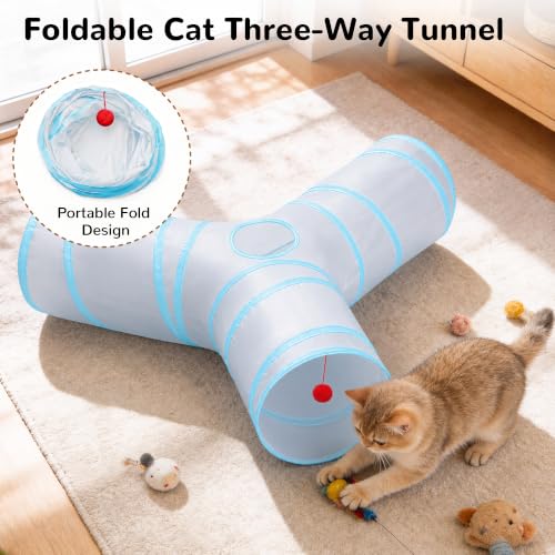 Image of Tempcore Cat Tunnel, 3-Way Collapsible Toy, Large Size Light Grey & Blue | Large Size 3-Way Cat Tunnel Provides More Room for Cats to Run, Hide and Chase, with Peek Holes, Hanging Ball and Teaser Wand