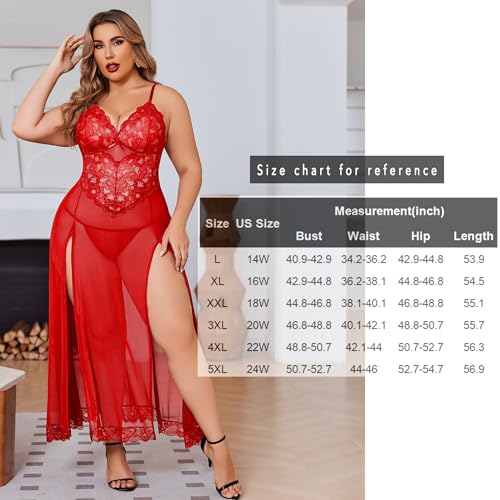 Image of Avidlove Plus Size Lingerie for Curvy Women Long Lace Babydoll Nightdress | V neck sheer mesh nightgown,g-string included,high side slits,adjustable straps,curve-flattering fit,maternity photoshoot