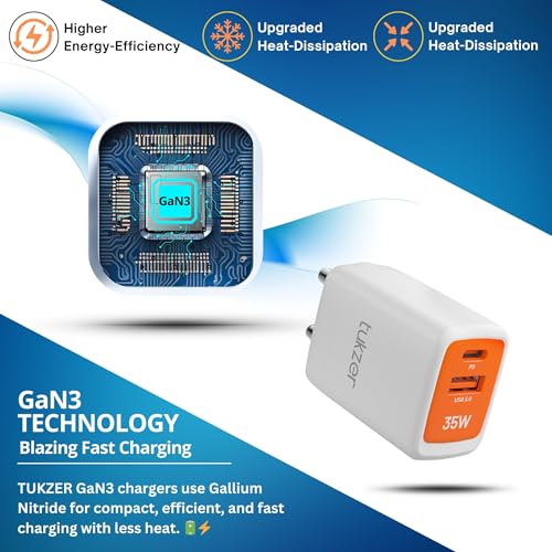 Image of Tukzer 35W Dual Port GaN3 Ultra 3X Faster Charger(Type C PD3.0 & USB QC3.0) Adapter for iPhone 17 /17 Plus /17 Pro /17 Pro Max, iPhone 16 /16 Plus /16 Pro /Max,15 /14 /13 /12 Series,Samsung,MacBook,Laptops-WHI