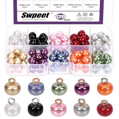 Swpeet Kit de mistura de 120 botões de meia pérola de 10 mm, 10 cores, botões decorativos de pérolas de imitação com haste, botões de costura de meia esfera, botões de pérolas abobadados para roupa