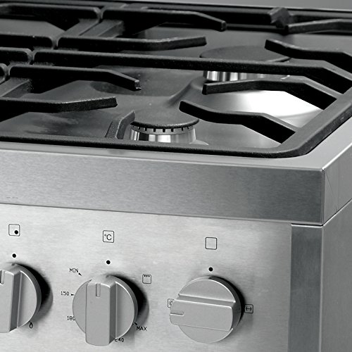 Close-up of the gas burners and cast iron grates on the Kaff KSQ 60 hob.
