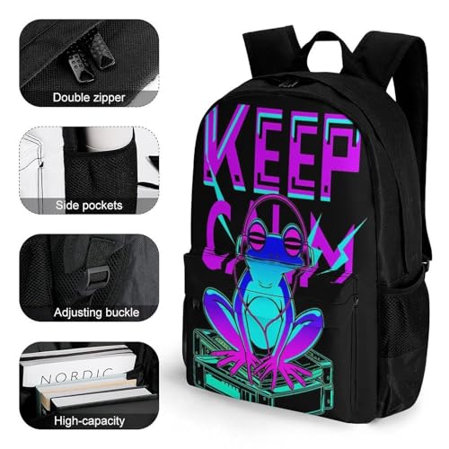 Hippie Frog Keep Calm Art Backpack Polyester Multipurpose Anti-Theft Shoulder Bag Big Capacity Gym Outdoor Hiking Backpack With Padded Straps3