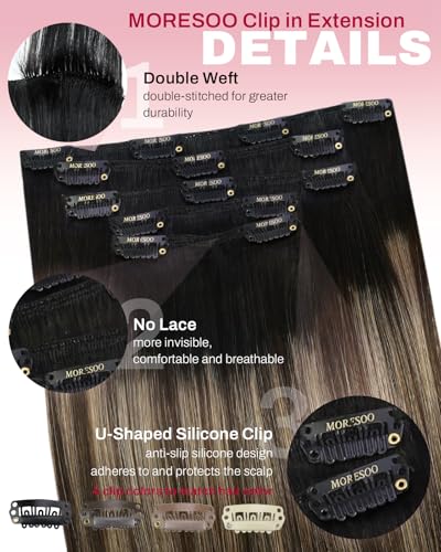 Image of Moresoo Clip in Hair Extensions Real Human Hair Double Weft Human Hair Clip in Extensions Straight Balayage Ombre Black to Brown with Dark Blonde 5pcs 80g 20inch