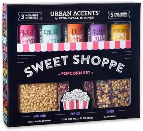 Urban Accents Movie Night Sweet Shoppe Gift Set Collection-Popcorn Seasoning Variety Pack (set of 8) - 3 Non-GMO Popcorn Kernel Packs and 5 Gourmet Popcorn Snack Seasonings