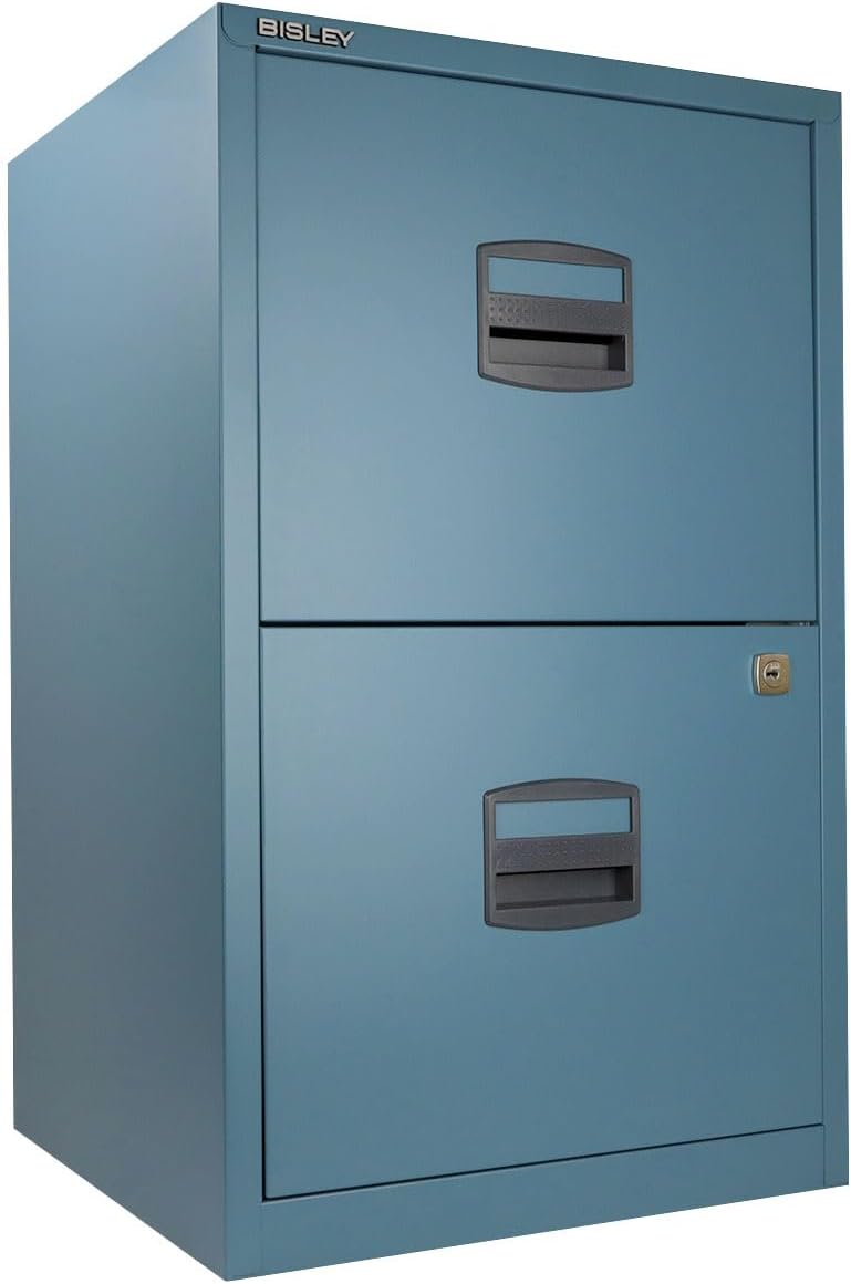 Bisley 3-Drawer Home File Cabinet - Doulton Blue, 2 Utility Drawers + 1 Hanging File Drawer, Powder-Coated Steel, Sturdy Pull Handles, Locking Bottom Drawer