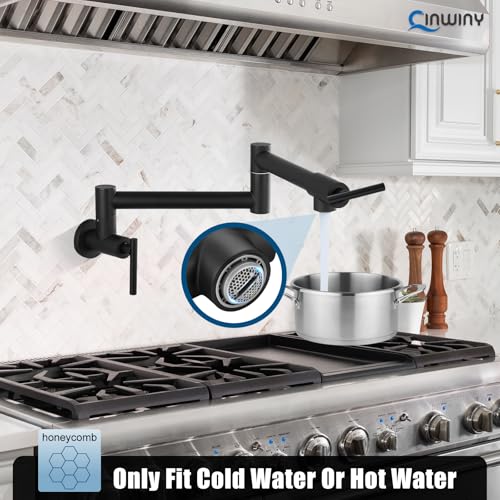 Image of Pot Filler Faucet Wall Mounted Folding Stretchable Kitchen Sink Water Tap with Double Joint Swing Arm Single Hole Two Handles Restaurant Kitchen Faucets, Matte Black, T-Shape Handle
