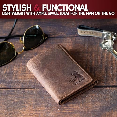 Image of BULL GUARD RFID Genuine Leather Trifold Wallets for Men ID Window, Secret Pocket, Adventure Brown - Vintage Crazy Horse, 3.25 x 4.25, Classic