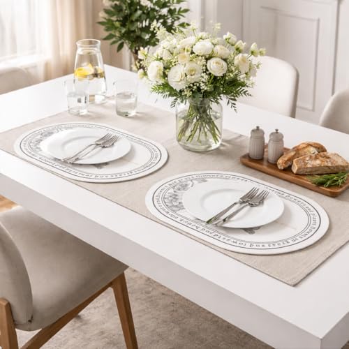 Image of Yelona White Oval Leather Placemats | Vintage Floral Design, Waterproof, Stain Resistant | Stylish Leather Dining Table Mats (Tulip Charm, Pack of 2)