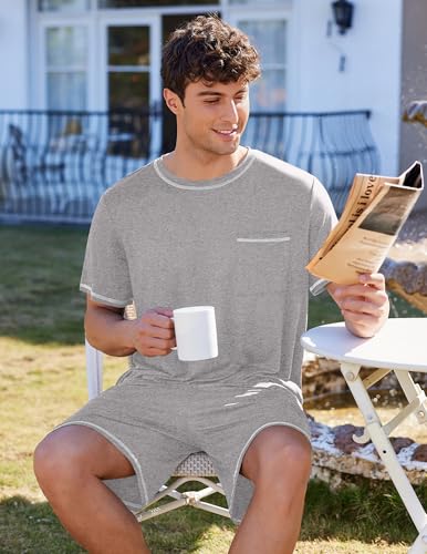 Image of Ekouaer Men's Pajamas Set Casual Short Sleeve Shirts and Shorts Soft 2 Piece Loungewear With Pockets