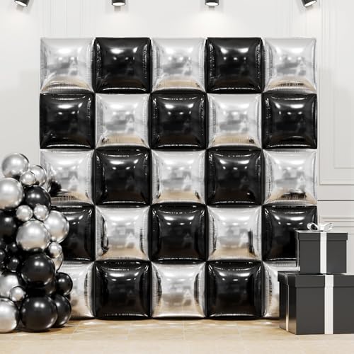Image of Black and Silver Double Sided Square Foil Balloons Wall,19 Inches Chrome Silver Metallic Foil Balloons Tunnel Arch Kit for 2026 Graduation Decorations,Anniversary Birthday Party Background Decoration