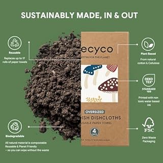 RECYCO Swedish Dishcloths for Kitchen | 4 Pack Oversized Washable Dish Rags | Large Cellulose Reusable Cleaning Paper Towels | Absorbent Counter Dish Cloth Sponge XL Kitchen Wipes, 12" L x 10" W