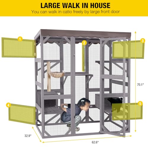 Image of Aivituvin Cat House Window Outdoor Catio Cat Enclosures with 7 Platforms, 2 Resting Boxes Large Kitty House with Weatherproof Tarp Roof, 62.6 inch L x 32.6 inch W x 70.1 inch H Grey