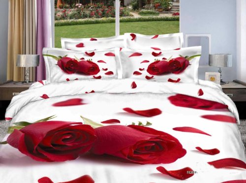 Oil Painting 3D Bedding White Red Rose Floral Duvet Cover Queen Luxury Wedding Bedding Set Cotton Romantic Twill Active Print Bed Sheets 4Pcs