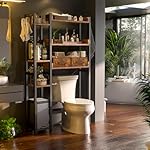 Over The Toilet Storage with 2 Drawers - 7 Tier Bathroom Organizer with Adjustable Shelf, Freestanding Space Saver Storage Rack Above Toilet Stand with 4 Hooks for Restroom, Laundry, Rustic Brown - Image 2