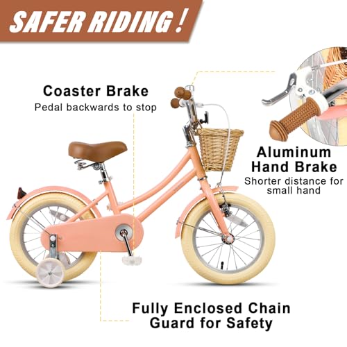 Image of Glerc Little Molly 12-20 Inch Kids Retro Cruiser Bike for 2-13 Year Old with Wicker Basket & Training Wheels /Kickstand, Multiple Colors