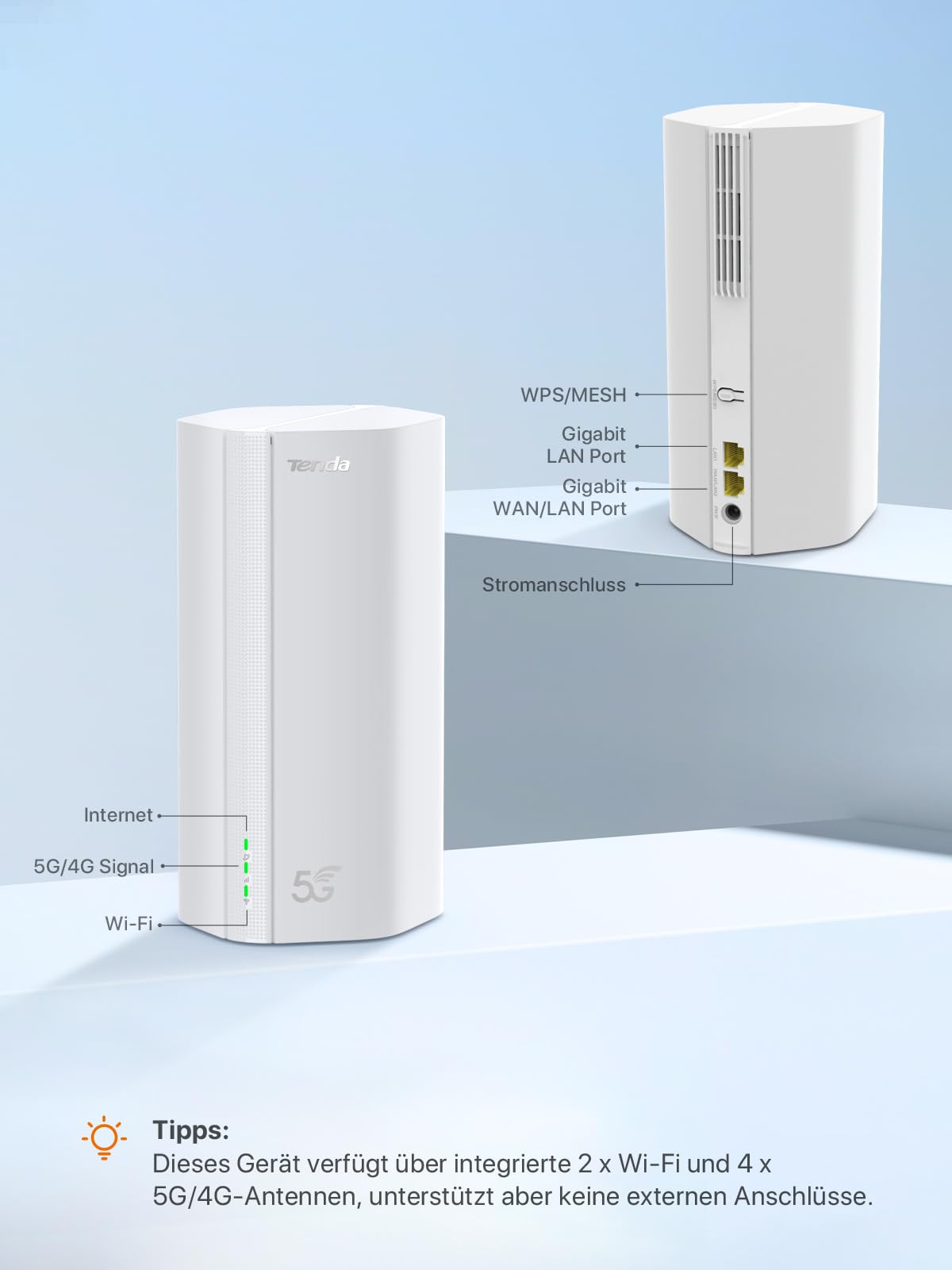 Tenda 5G01 5G NR Router für Nano SIM Karten, Wi-Fi 6 1500Mbps, 5G/4G LTE Modem mit Dual Band, Plug & Play, Gigabit WAN/LAN Port, 6 x Interne Antennen, Mesh Wi-Fi+, 5G Router - Einstiegslevel