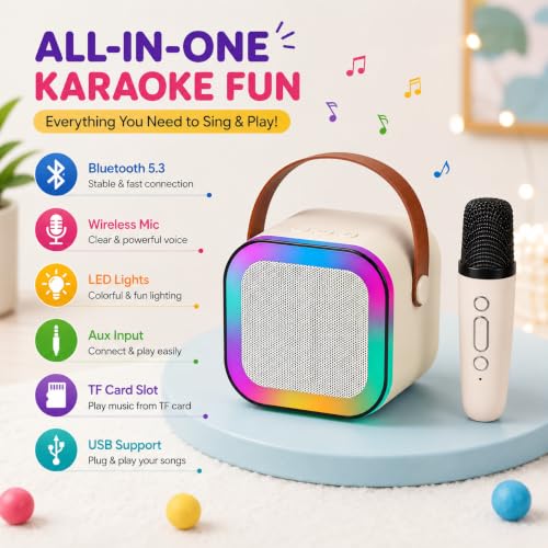 Image of Rechargeable Karaoke Mic with Speaker for Singing | Wireless Mini Portable Bluetooth Speaker with Microphone & LED Lights | Birthday Gift for Kids, Musical Toys for Boys & Girls