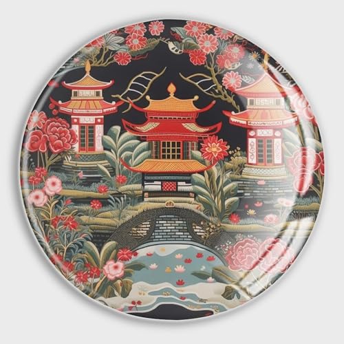 Chinoiserie Charcoal Coral Pagoda Asian Pavilion Refrigerator Magnet Glass Small Round Fridge Magnet Asian Multi-Use Premium Magnet for Fridge Locker Whiteboard Billboard Kitchen Office School