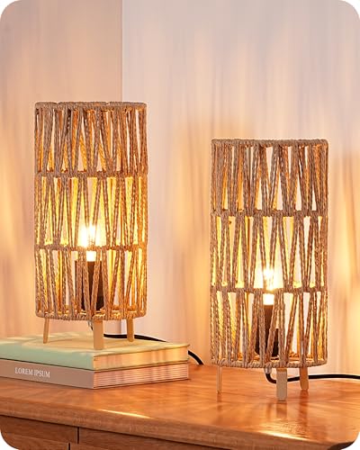 EDISHINE Boho Bedside Lamps Set of 2, Rattan Table Lamp for Living Room, Bedroom, LED Bulb Included, E27 Base, Hollow Lampshade