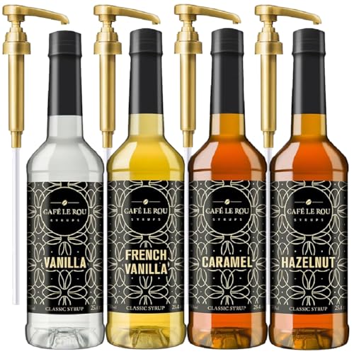 Image of NEW Cafe Le Rou Variety 25.4oz Vanilla, French Vanilla, Caramel, Hazelnut (Variety, 4-pack) *Includes 4 Coffee Syrup Dispensers for Coffee, Tea and Espresso