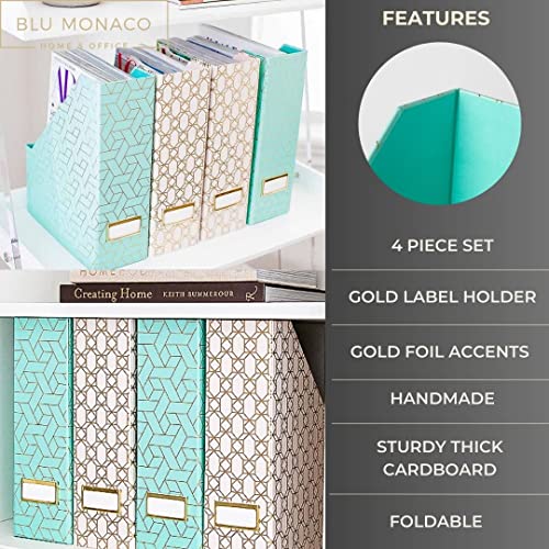 Blu Monaco Set Of 4 Foldable Cute Magazine File Holders With Gold Label Holders - 2 Pink And 2 Aqua With Fun Gold Geometric Patterns - Stylish And Durable Magazine Storage For Home And Office #TOP4
