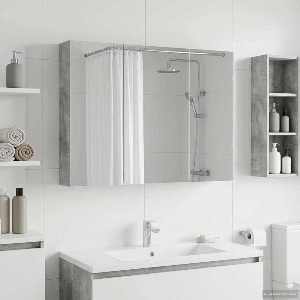 Armadietto da bagno a specchio grigio cemento con porta, 100 x 14,5 x 70 cm, in legno, montaggio a parete, con mensola, specchio double face, per bagno e WC degli ospiti