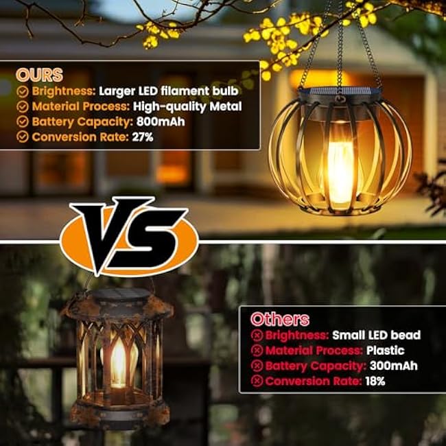Solar Lanterns Outdoor Waterproof 4 Pack, Upgraded Metal Hanging Solar Lights for Outside with Auto On/Off & Hook - Brighter Hanging Outdoor Lanterns Decorative Lighting for Garden Patio Yard