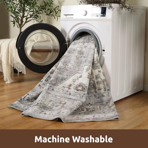 AMOAMI-2X10 Runner Rug-Washable Runners for Hallways-Soft Non Slip Bedside Rugs for Bedroom-Vintage Long Rug for Hallways Entryway Laundry Room Stair Kitchen Bathroom Grey