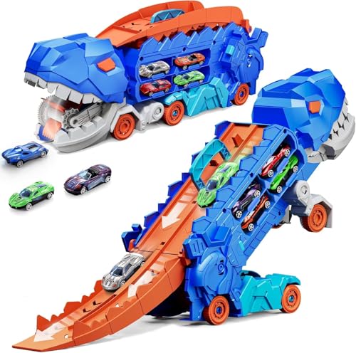 Image of PLUSPOINT Big Dinosaur Track Toy, with Foldable Sliding Race Track,Transformable Into Standing Dinosaur Transporter City with 6 car Toddler Toys Gifts for Kids Ages 3+Years Old