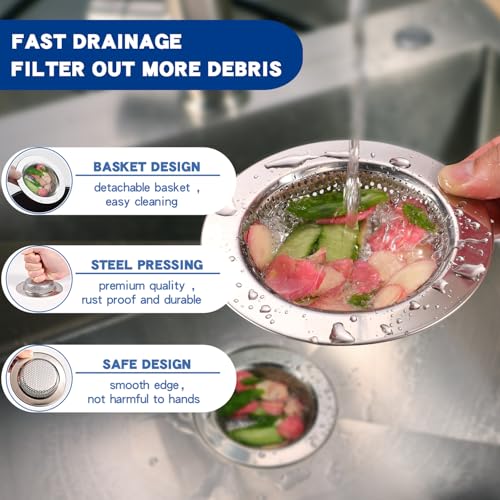 RQYEKDO Kitchen Sink Drain Strainer,2 Pack Stainless Steel Sink Drain Basket with Large Wide Rim 4.4 Inch Diameter,Kitchen Sink Strainer Cover, Hair Food Catcher &Mesh Filter(Silver) - Thumbnail 4