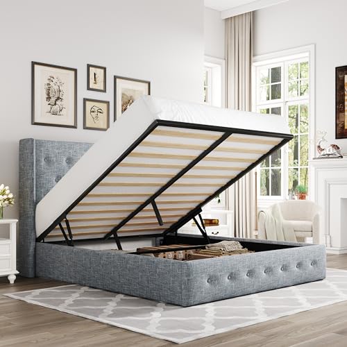 Allewie Full Size Lift Up Storage Bed, Button Tufted Headboard with Wingback, Hydraulic Support, No Box Spring Needed, Grey Blue