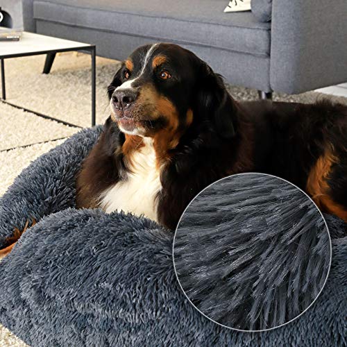 lionto Donutbett für Hunde und Katzen, Flauschiges Hundebett rund für kleine und große Heimtiere, Ø 120 cm, weiches Katzenbett aus kuscheligem Plüsch, Hundekissen mit extra Dicker Füllung, dunkelgrau