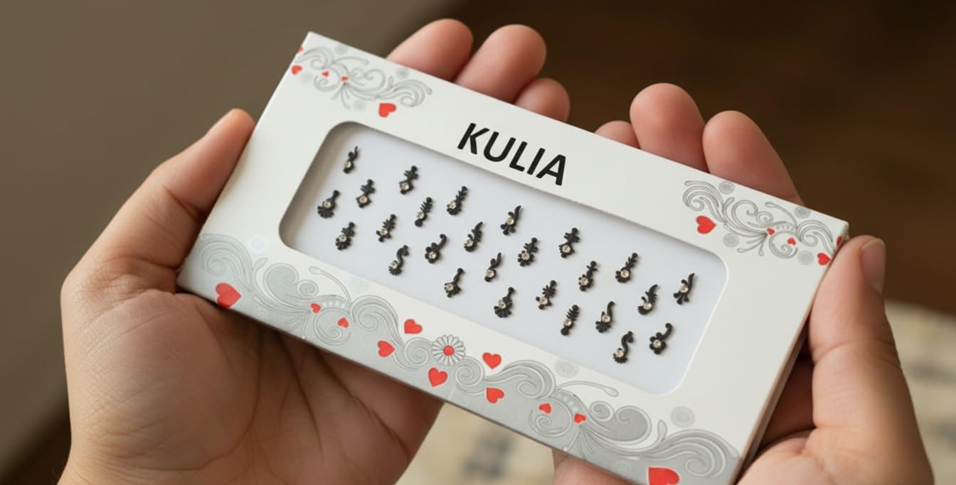 KULIA® Bindi neri di design (adesivi/tattoo) – Stile Tikka, forma allungata a puntini Accessori di bellezza per viso e sposa, ideali per Puja Gemme e gioielli per il viso in varie forme e dimensioni